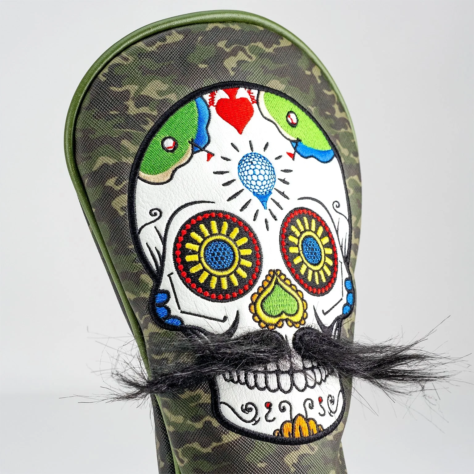 Mustache Sugar Skull - Driver Cover Green Camo - Image 3